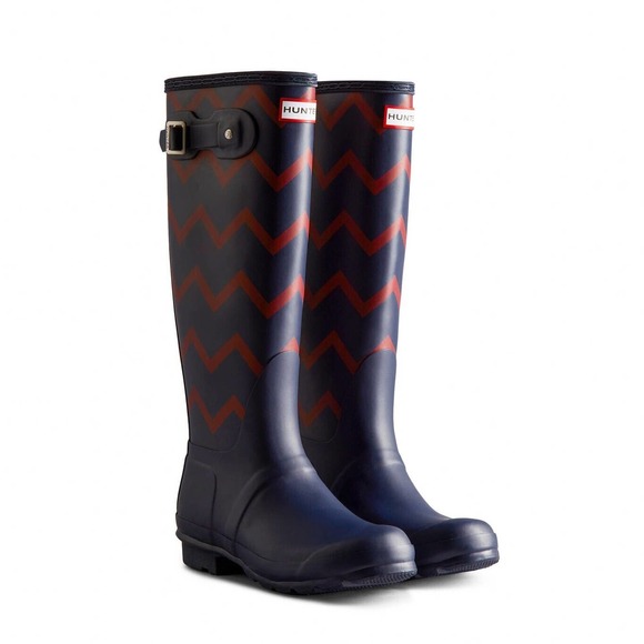 Hunter Original Rowing Plazer Tall Rb Zigzag In Maritime Blue Sundried Red 7 - Picture 5 of 12